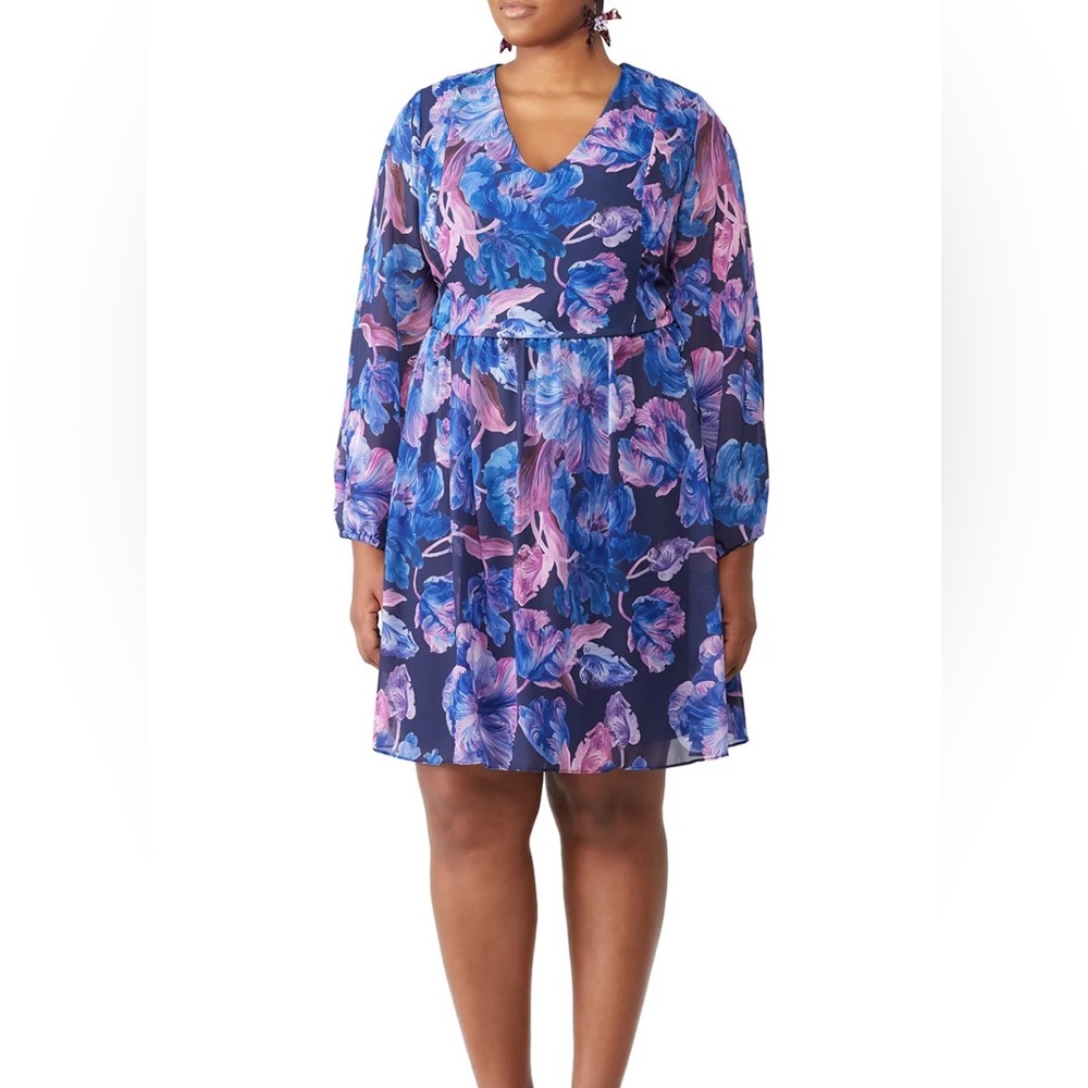 NWT Alexia Admor Blue Floral Print V-Neck Dress Womens Sz 1X $245 Retail